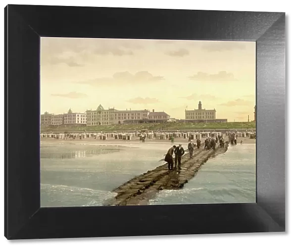 Hotels and beach of Borkum, Schleswig-Holstein, Germany, Historic, digitally restored reproduction of a photochromic print from the 1890s