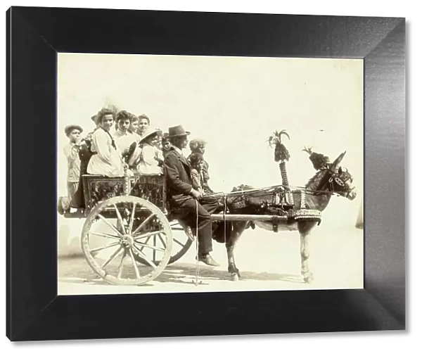 Carretto Siciliano, Family on a Sunday outing with a donkey cart, c. 1893, Palermo, Sicily, Italy, Historic, digitally restored reproduction from a 19th century original