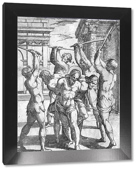 Torture, The beating of three saints with their backs tied together, ca 1600, Italy, Historic, digitally restored reproduction from a 19th century original
