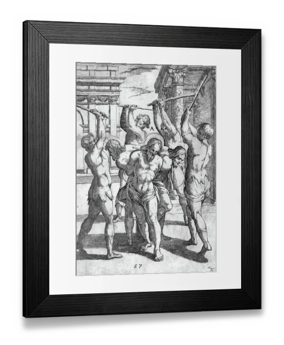 Framed Print : Torture, The beating of three saints with their backs tied together, ca 1600, Italy, Historic, digitally restored reproduction from a 19th century original Framed Print : Torture, The beating of three saints with their backs tied together, ca 1600, Italy, Historic, digitally restored reproduction from a 19th century original