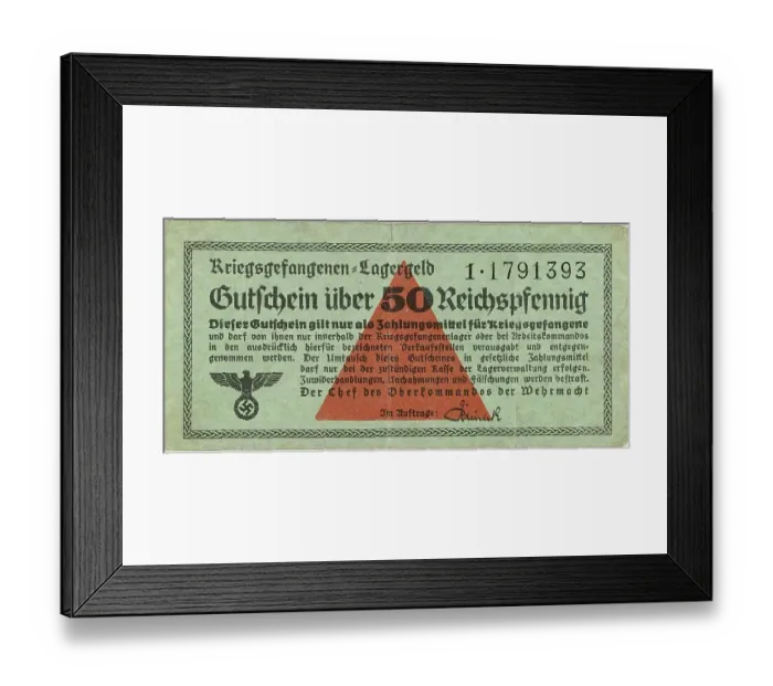 Framed Print : Lagergeld, prisoner of war camp money, from the German prisoner of war camp Stalag IV B in Muehlberg on the Elbe. A 50 Pfennig banknote, 1940, Germany, Historical, digitally restored reproduction from a 19th century original Framed Print : Lagergeld, prisoner of war camp money, from the German prisoner of war camp Stalag IV B in Muehlberg on the Elbe. A 50 Pfennig banknote, 1940, Germany, Historical, digitally restored reproduction from a 19th century original
