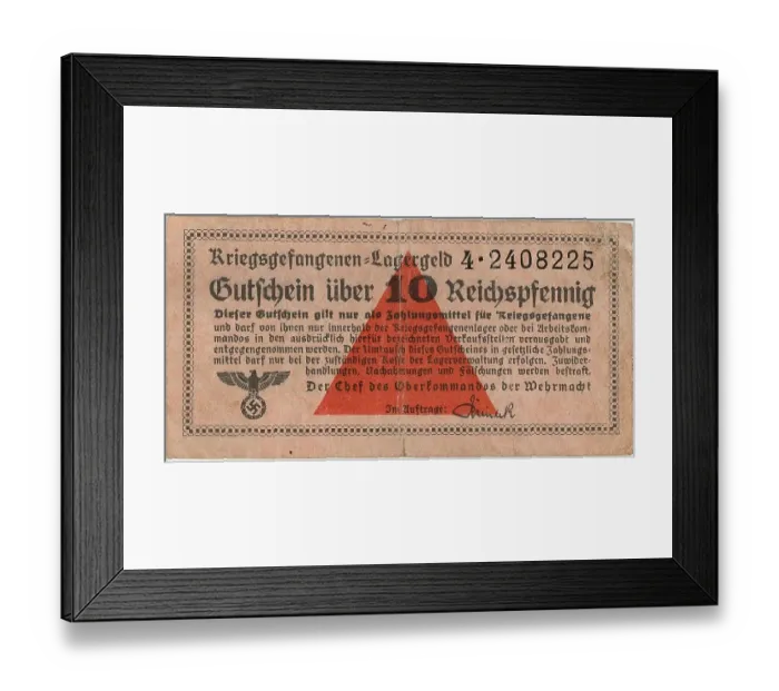 Framed Print : Lagergeld, prisoner of war camp money, from the German prisoner of war camp Stalag IV B in Muehlberg on the Elbe. A banknote of 10 Pfennig, 1940, Germany, Historical, digitally restored reproduction from a 19th century original Framed Print : Lagergeld, prisoner of war camp money, from the German prisoner of war camp Stalag IV B in Muehlberg on the Elbe. A banknote of 10 Pfennig, 1940, Germany, Historical, digitally restored reproduction from a 19th century original