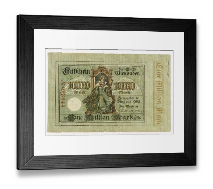 Framed Print : Emergency money, inflation, banknote over 1 million marks from Wiesbaden, 1923, Hesse, Germany, historical, digitally restored reproduction from a 19th century original Framed Print : Emergency money, inflation, banknote over 1 million marks from Wiesbaden, 1923, Hesse, Germany, historical, digitally restored reproduction from a 19th century original
