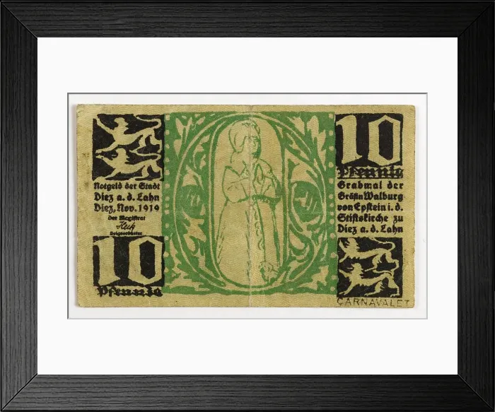 Framed Print : Emergency money, Inflation 10-Pfennig note, City of Diez an der Lahn, November 1919, Germany, Historical, digitally restored reproduction from a 19th century original