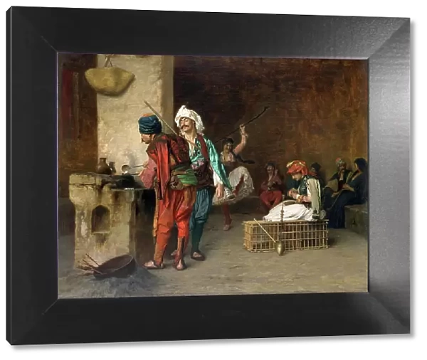 Arab in a coffee house in Cairo, balls are being cast at the stove, 1850, Egypt, Historic, digitally restored reproduction from a 19th century original