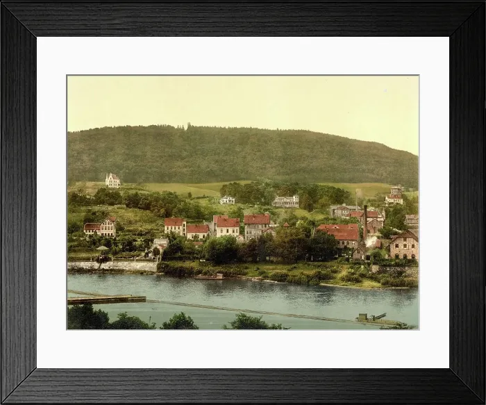 Framed Print : The mountain Kluet and the Weser, Hamelin, Lower Saxony, Germany, Historic, digitally restored reproduction of a photochrome print from the 1890s Framed Print : The mountain Kluet and the Weser, Hamelin, Lower Saxony, Germany, Historic, digitally restored reproduction of a photochrome print from the 1890s