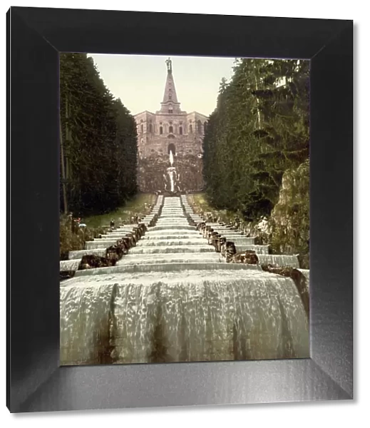 Statue of Hercules and water cascade on the Wilhelmshoehe in Kassel, Hesse, Germany, Historical, Photochrome print from the 1890s