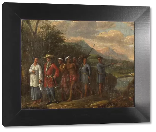 Dutch Merchant with Slaves, c. 1700, Indonesia, Historic, digitally restored reproduction from a 19th century original