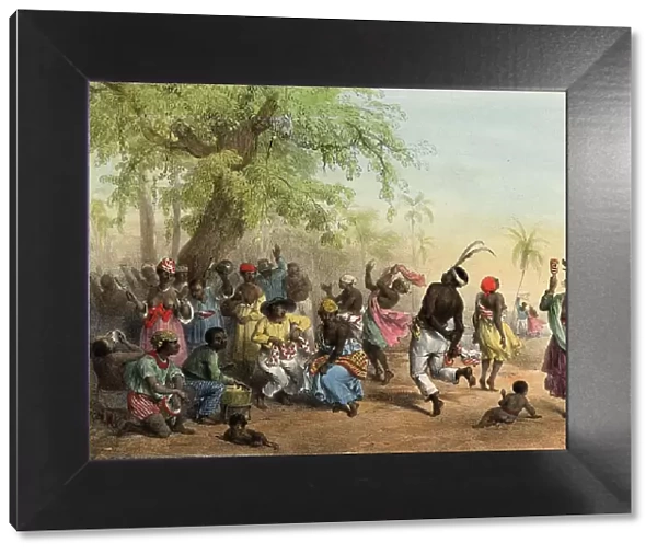 A group of black slaves dancing in the Dou, contains musical instruments such as maracas and drums, 1839, Suriname, Historic, digitally restored reproduction from a 19th century original