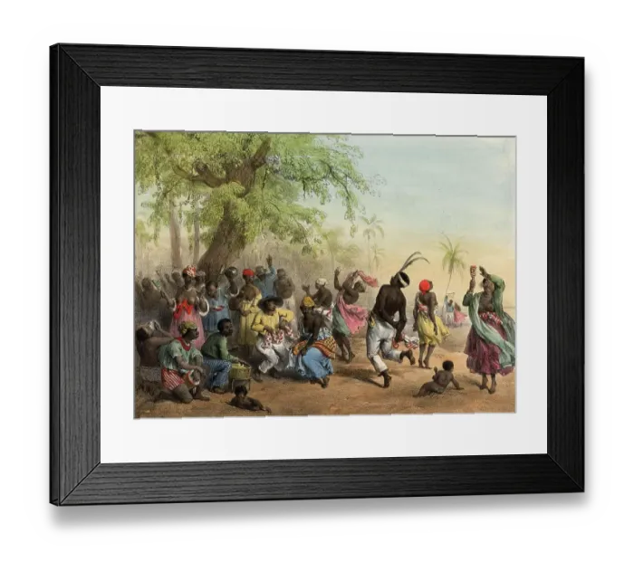 Framed Print : A group of black slaves dancing in the Dou, contains musical instruments such as maracas and drums, 1839, Suriname, Historic, digitally restored reproduction from a 19th century original Framed Print : A group of black slaves dancing in the Dou, contains musical instruments such as maracas and drums, 1839, Suriname, Historic, digitally restored reproduction from a 19th century original