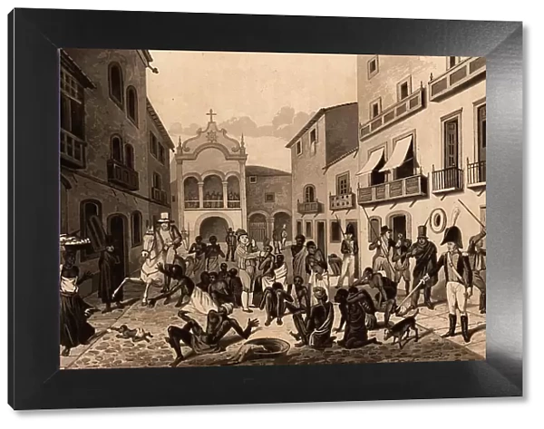 Slave market in Pernambuco, Brazil, black slaves sitting in the street while an auction takes place. Includes a scene of beating, sword, horse almost trampling a baby, dog and woman carrying a load on her head, 1824, Historic, digitally restored