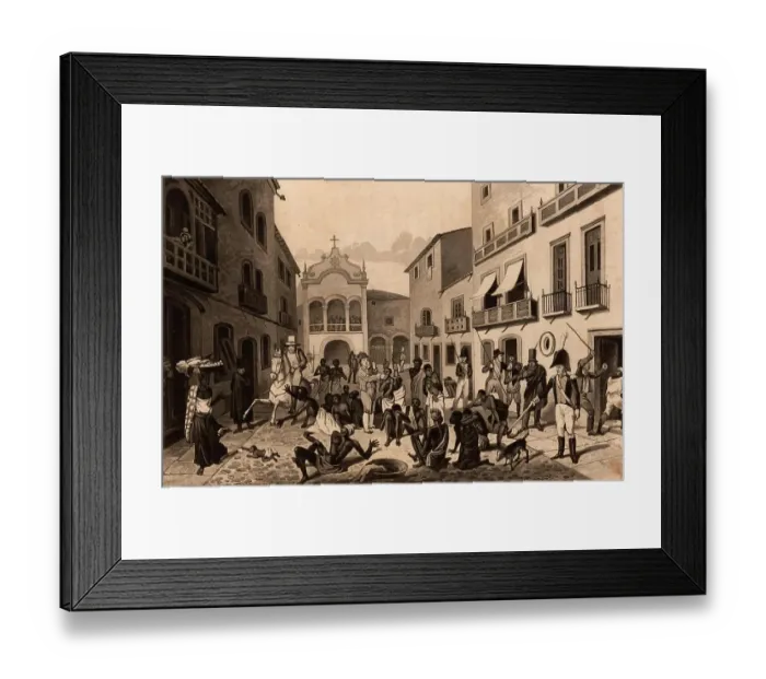 Framed Print : Slave market in Pernambuco, Brazil, black slaves sitting in the street while an auction takes place. Includes a scene of beating, sword, horse almost trampling a baby, dog and woman carrying a load on her head, 1824, Historic, digitally restored Framed Print : Slave market in Pernambuco, Brazil, black slaves sitting in the street while an auction takes place. Includes a scene of beating, sword, horse almost trampling a baby, dog and woman carrying a load on her head, 1824, Historic, digitally restored