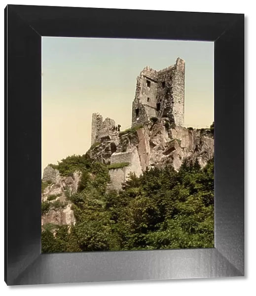 Drachenfels Castle Ruin in the Siebengebirge, North Rhine-Westphalia, Germany, Historic, digitally restored reproduction of a photochromic print from the 1890s