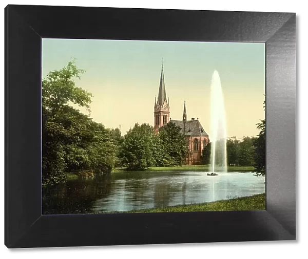 Johannapark with pond and Luther church, Leipzig, Saxony, Germany, Historic, digitally restored reproduction of a photochrome print from the 1890s