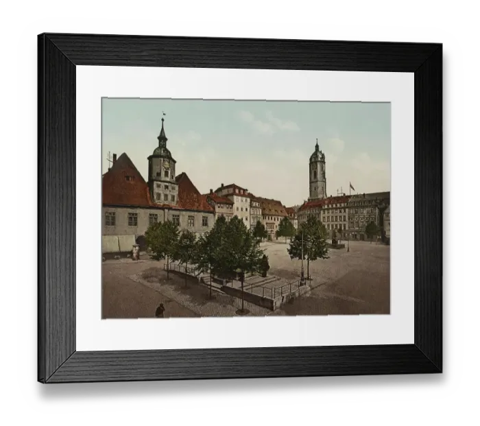 Framed Print : Market Square and Bismarck Fountain in Jena, Thuringia, Germany, Historic, digitally restored reproduction of a photochrome print from the 1890s