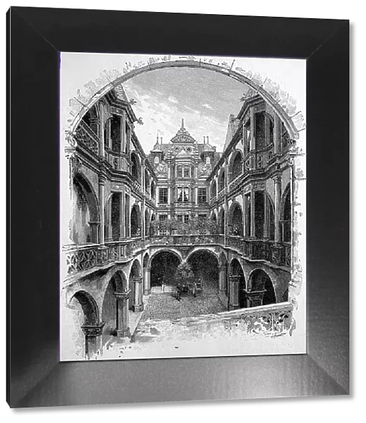 Inner courtyard of the historic Pellerhaus in Nuremberg, Bavaria, Germany, destroyed in World War 2, Historic, digitally restored reproduction of an 18th century original, exact original date unknown