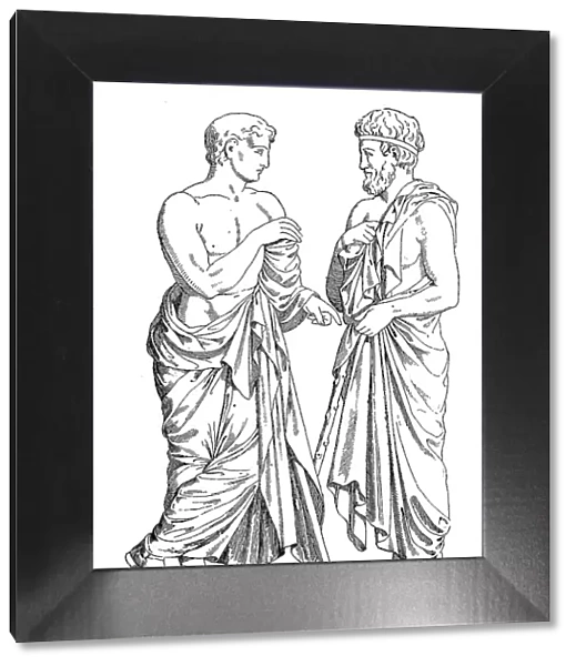 Greece, Greek men dressed with the himation, Athenians from the frieze of the Parthenon, History of Fashion, Historical, digital reproduction of an original 19th century original