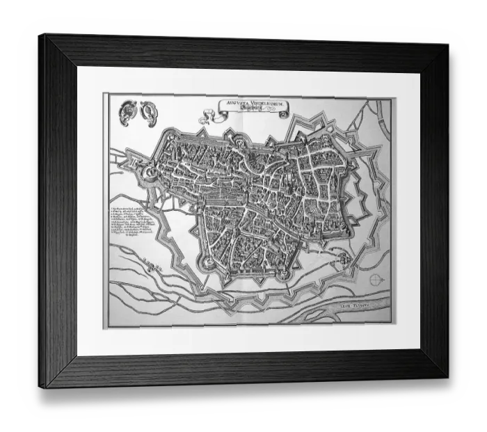 Framed Print : Augsburg, city map in the Middle Ages, Swabia, Bavaria, Germany, Historic, digitally restored reproduction of an original from the 18th century, exact original date not known Framed Print : Augsburg, city map in the Middle Ages, Swabia, Bavaria, Germany, Historic, digitally restored reproduction of an original from the 18th century, exact original date not known