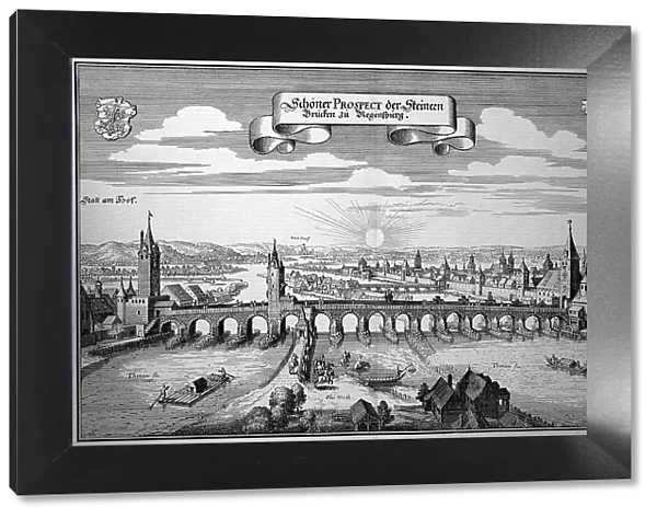 Regensburg with the Danube bridges in the Middle Ages, Upper Palatinate, Bavaria, Germany, Historic, digitally restored reproduction of an 18th century original, exact original date unknown