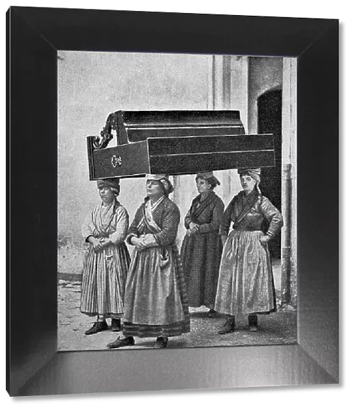 Load carriers in San Remo, Italy, four woman carrying a piece of furniture on their heads, Historic, digitally restored reproduction of an 18th century original, exact original date unknown