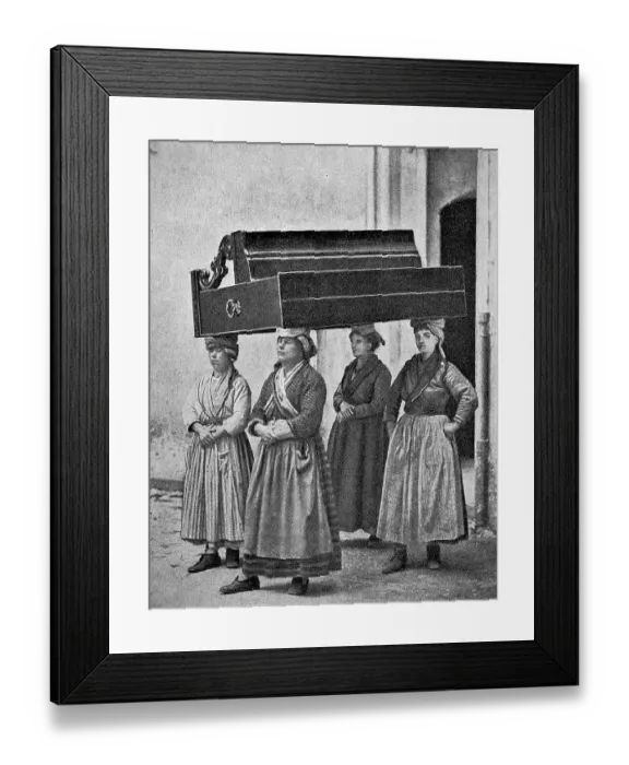 Framed Print : Load carriers in San Remo, Italy, four woman carrying a piece of furniture on their heads, Historic, digitally restored reproduction of an 18th century original, exact original date unknown Framed Print : Load carriers in San Remo, Italy, four woman carrying a piece of furniture on their heads, Historic, digitally restored reproduction of an 18th century original, exact original date unknown