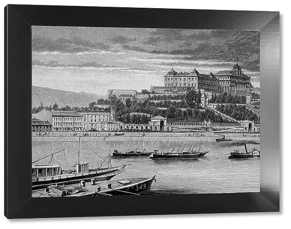 The Castle of Budapest, Hungary, Historic, digital reproduction of an original 19th century artwork