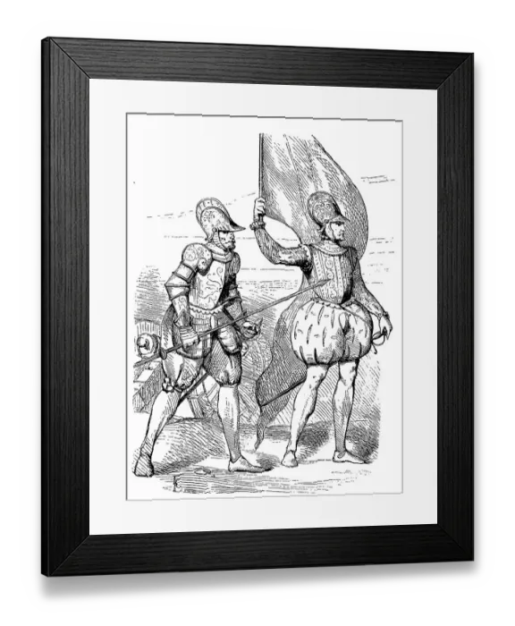 Framed Print : Pumphose, Pumphose is a pair of loose-fitting trousers made of woollen fabric, reaching to the knee and closed there with ribbons, soldier with pike and standard bearer, France, 1563, History of Fashion, Costume History, Historical Framed Print : Pumphose, Pumphose is a pair of loose-fitting trousers made of woollen fabric, reaching to the knee and closed there with ribbons, soldier with pike and standard bearer, France, 1563, History of Fashion, Costume History, Historical