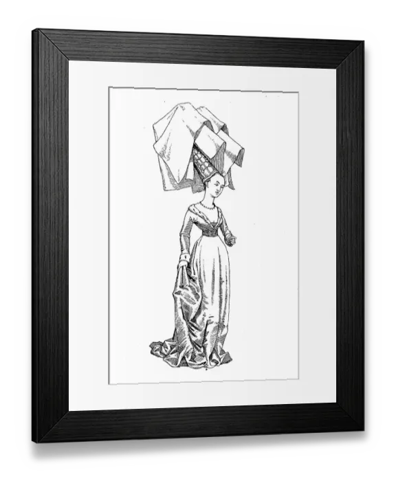Framed Print : France, Burgundy, Lady in court costume with high hat and veil on wire frame, c. 1450, Fashion History, Costume History, Historical, digitally restored reproduction of an original 19th century pattern Framed Print : France, Burgundy, Lady in court costume with high hat and veil on wire frame, c. 1450, Fashion History, Costume History, Historical, digitally restored reproduction of an original 19th century pattern