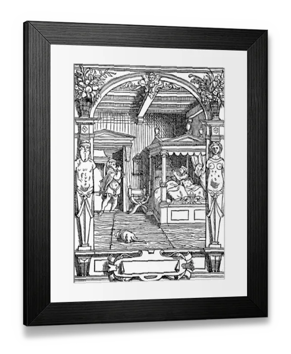 Framed Print : Illustration of adultery from a 16th century French law book, woman in bed waiting for lover, France, Historical, digitally restored reproduction of an original 19th century original, exact original date unknown