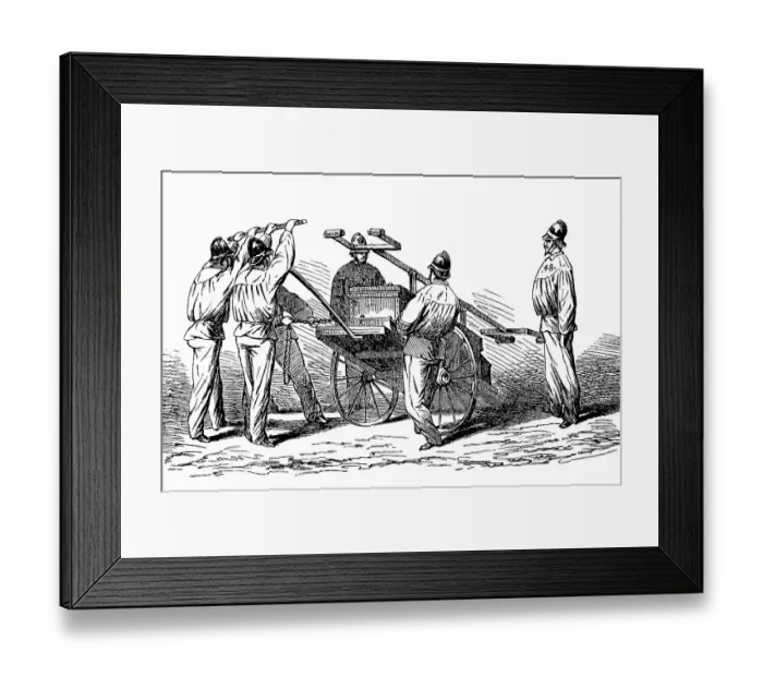 Framed Print : Firemen around 1870, Unloading a Water Sprayer, Germany, Historic, digitally restored reproduction of an original 19th century painting, exact original date not known Framed Print : Firemen around 1870, Unloading a Water Sprayer, Germany, Historic, digitally restored reproduction of an original 19th century painting, exact original date not known