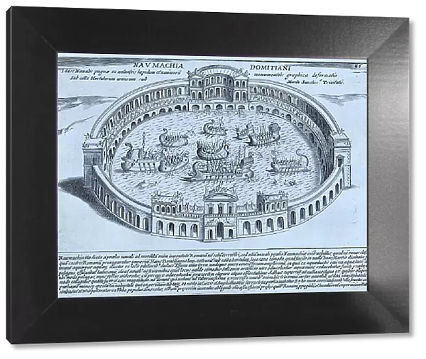 The Naumachia of Domitian. A naumachia refers to the depiction of a naval battle among the Romans, but also to the places where such exhibitions took place, historical Rome, Italy, digital reproduction of a 17th century original