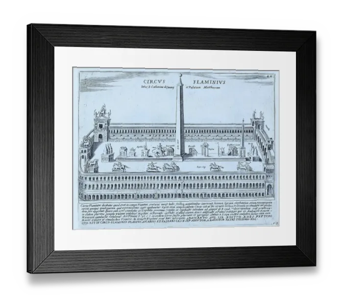 Framed Print : The Circus Flaminius. The Circus Flaminus did not have fixed seating like the Circus Maximus, which made its use more flexible. It was located on the Campus Flaminius, historical Rome, Italy, digital reproduction of an original 17th-century design Framed Print : The Circus Flaminius. The Circus Flaminus did not have fixed seating like the Circus Maximus, which made its use more flexible. It was located on the Campus Flaminius, historical Rome, Italy, digital reproduction of an original 17th-century design