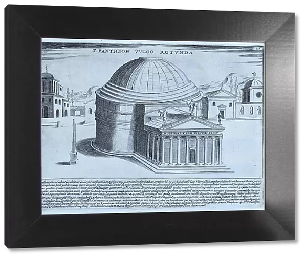 The image shows the view of the Pantheon as it might have looked when built, with statues on the pediment and the building clad in marble. It was commissioned by Marcus Agrippa during the reign of Augustus (27 B. C. 14 A. D. ) and rebuilt by Emperor