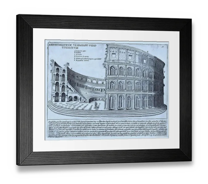 Framed Print : Vespasian's amphitheatre was inaugurated shortly in front of his death in 79 AD. It was built in the area that had been a pond in Nero's Domus Aurea, historical Rome, Italy, digital reproduction of a 17th century original, original date unknown Framed Print : Vespasian's amphitheatre was inaugurated shortly in front of his death in 79 AD. It was built in the area that had been a pond in Nero's Domus Aurea, historical Rome, Italy, digital reproduction of a 17th century original, original date unknown