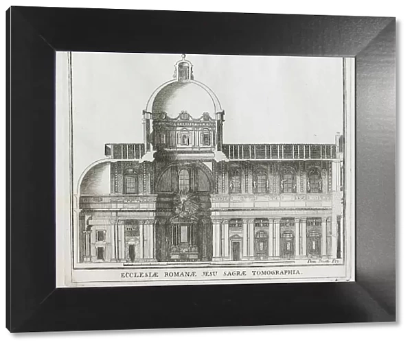 Cross-section of the Church of the Gesu, located in front of the Altieri Palace, historical Rome, Italy, digital reproduction of an original 17th century master, original date unknown
