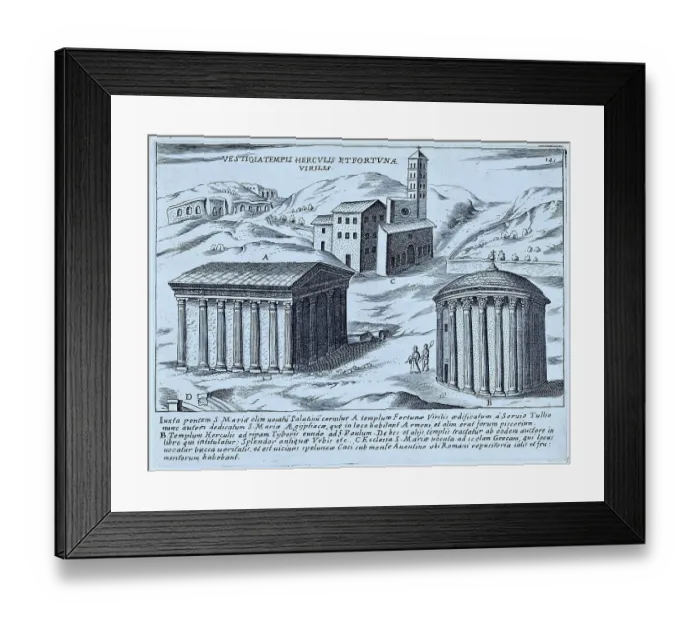 Framed Print : Vestigia Templi Herculis et Fortuna Virilis, The remains of the Temple of Hercules and the Temple of Fortuna Virilis on the Forum Boarium, historical Rome, Italy, digital reproduction of an original 17th century artwork, original date unknown Framed Print : Vestigia Templi Herculis et Fortuna Virilis, The remains of the Temple of Hercules and the Temple of Fortuna Virilis on the Forum Boarium, historical Rome, Italy, digital reproduction of an original 17th century artwork, original date unknown