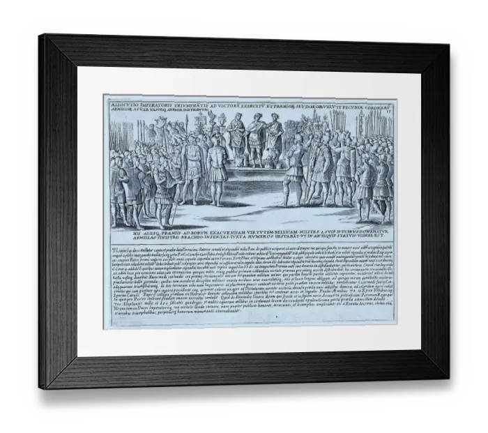Framed Print : Allocutio Imperatoris Triumphatis, depicting an emperor addressing the victorious army and distributing gold coins during a ceremony of triumph, historical Rome, Italy, digital reproduction of an original 17th-century master, original date unknown Framed Print : Allocutio Imperatoris Triumphatis, depicting an emperor addressing the victorious army and distributing gold coins during a ceremony of triumph, historical Rome, Italy, digital reproduction of an original 17th-century master, original date unknown