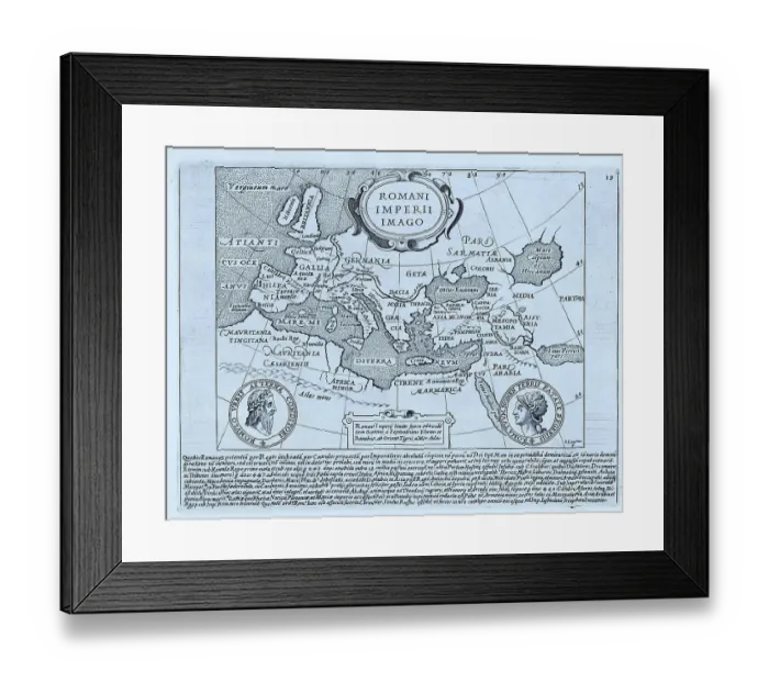 Framed Print : Map of the Roman Empire. The map is signed in the lower right corner by I. Laurus. The inserted text in the centre describes the extent from the Rhine in the north and the Tigris in the east, historical Rome, Italy Framed Print : Map of the Roman Empire. The map is signed in the lower right corner by I. Laurus. The inserted text in the centre describes the extent from the Rhine in the north and the Tigris in the east, historical Rome, Italy