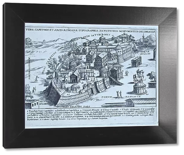 A pictorial map with topography, monuments and buildings on Capitoline Hill in Rome. Important landmarks and sites are numbered and a key is at the bottom of the page. A number of important temples are on this page, historical Rome, Italy, digital