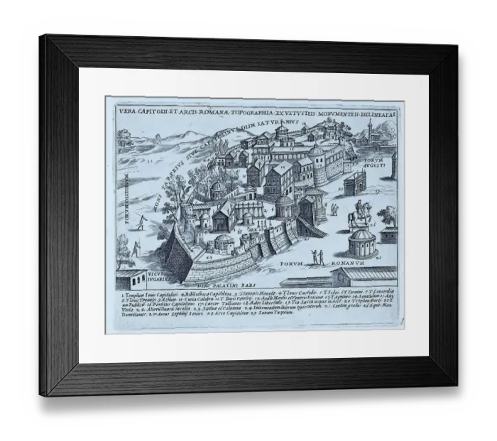 Framed Print : A pictorial map with topography, monuments and buildings on Capitoline Hill in Rome. Important landmarks and sites are numbered and a key is at the bottom of the page. A number of important temples are on this page, historical Rome, Italy, digital Framed Print : A pictorial map with topography, monuments and buildings on Capitoline Hill in Rome. Important landmarks and sites are numbered and a key is at the bottom of the page. A number of important temples are on this page, historical Rome, Italy, digital