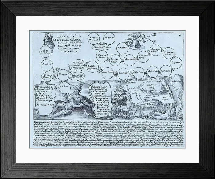 Framed Print : A diagram showing the family tree of Anchises, a member of the royal family of Troy. He was the father of Aeneas, whose mother was Aphrodite. In Aeneas, the family tree branches out to show how he is the ancestor of Romulus and Remus Framed Print : A diagram showing the family tree of Anchises, a member of the royal family of Troy. He was the father of Aeneas, whose mother was Aphrodite. In Aeneas, the family tree branches out to show how he is the ancestor of Romulus and Remus