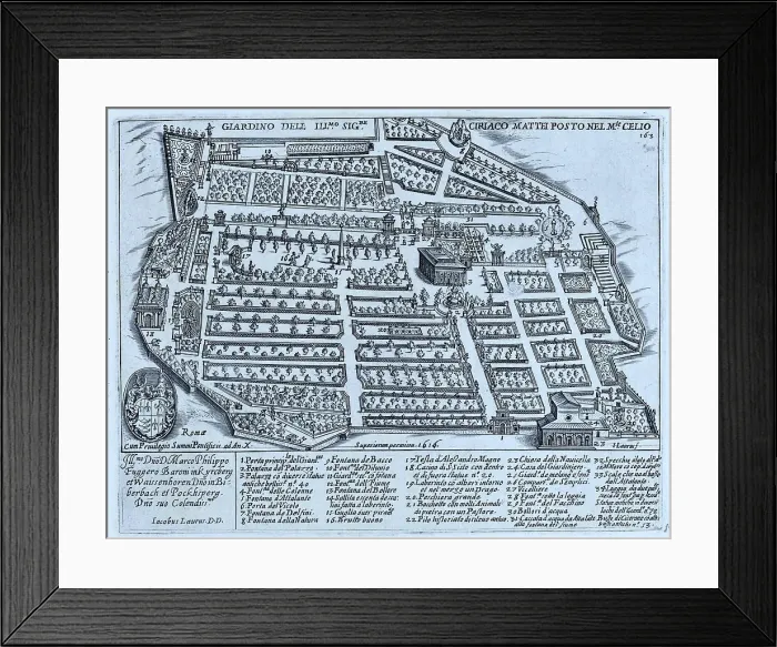 Framed Print : Giardino dell Illustrissimo Signore Ciriaco Mattei Posto nel Monte Celio, Gardens of Villa Mattei on Monte Celio. This image shows the gardens and grounds of Villa Mattei, now known as Villa Celimontana, historic Rome, Italy