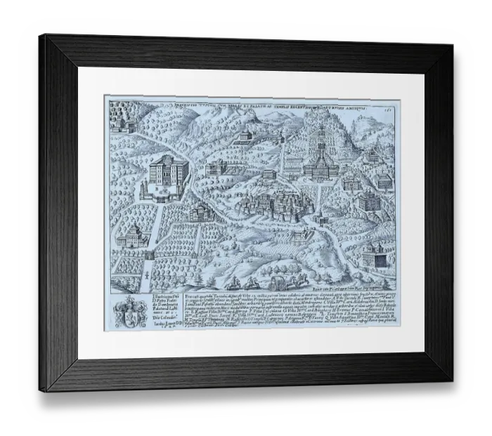 Framed Print : Descriptio Tusculi cum Villis et Palatii ac Templis recentioribus et ruinis antiquis, The ruins of Tusculum, historical Rome, Italy, digital reproduction of an original 17th century document, original date unknown