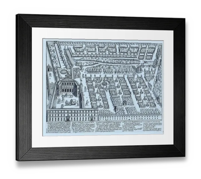 Framed Print : Pontificiar Aedium Hortoriumque Quirinalium, Papal Building and Gardens on the Quirinal Hill, Historic Rome, Italy, digital reproduction of an original 17th century artwork, original date unknown Framed Print : Pontificiar Aedium Hortoriumque Quirinalium, Papal Building and Gardens on the Quirinal Hill, Historic Rome, Italy, digital reproduction of an original 17th century artwork, original date unknown
