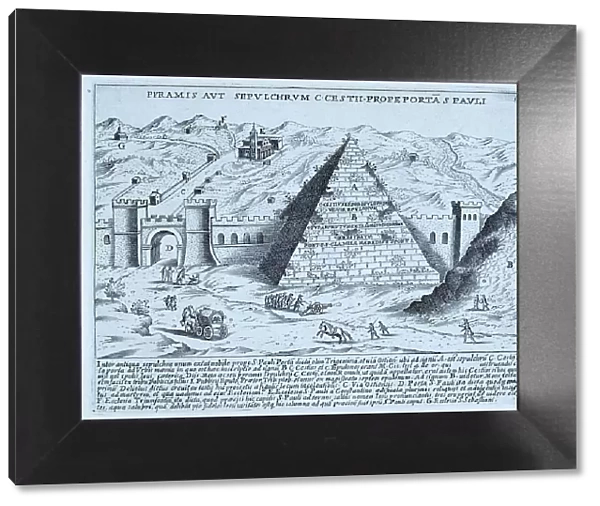 The Pyramid of Cestius near St. Paul's Church, historic Rome, Italy, digital reproduction of an original 17th century painting, original date unknown