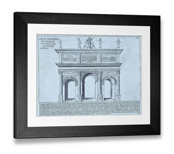 Framed Print : Triumphal arch of Augustus. There may have been two triumphal arches of Augustus. This is known from their depictions on coins, historical Rome, Italy, 1625, Rome, digital reproduction of an 18th century original, original date not known Framed Print : Triumphal arch of Augustus. There may have been two triumphal arches of Augustus. This is known from their depictions on coins, historical Rome, Italy, 1625, Rome, digital reproduction of an 18th century original, original date not known