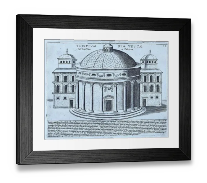 Framed Print : Temple of Vesta between the Capitol and the Palatine. The small circular temple served to receive the sacred fire and to store holy relics, 1767, Rome, Italy, digital reproduction of an 18th century original, original date not known Framed Print : Temple of Vesta between the Capitol and the Palatine. The small circular temple served to receive the sacred fire and to store holy relics, 1767, Rome, Italy, digital reproduction of an 18th century original, original date not known