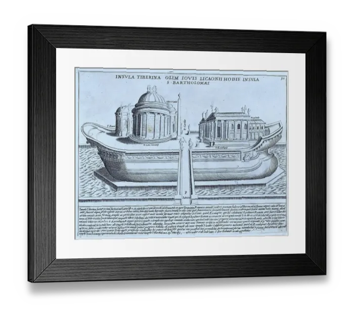 Framed Print : Isola Tiberina, formerly the Tempio di Giove Licaonio, now the island of St Bartholomew. Once the entire Isola Tiberina was covered with marble to make the island look like a ship. The Basilica of St Framed Print : Isola Tiberina, formerly the Tempio di Giove Licaonio, now the island of St Bartholomew. Once the entire Isola Tiberina was covered with marble to make the island look like a ship. The Basilica of St