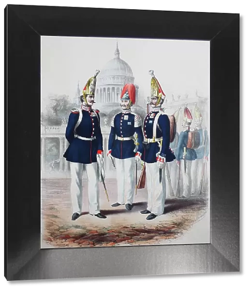 Prussian Army, Prussian Guard Regiment on Foot, Officer, Staff Captain, Sergeant, in the background Common Soldiers, Army Uniform, Military, Prussia, Germany, digitally restored reproduction of a 19th century original