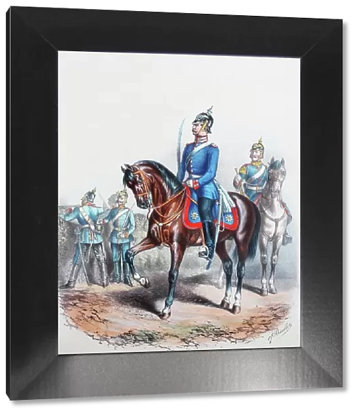 Prussian Army, Prussian Guard, I. and II. Guard Dragoon Regiment, common soldiers, officer, trumpeter, army uniform, military, Prussia, Germany, digitally restored reproduction of a 19th century original